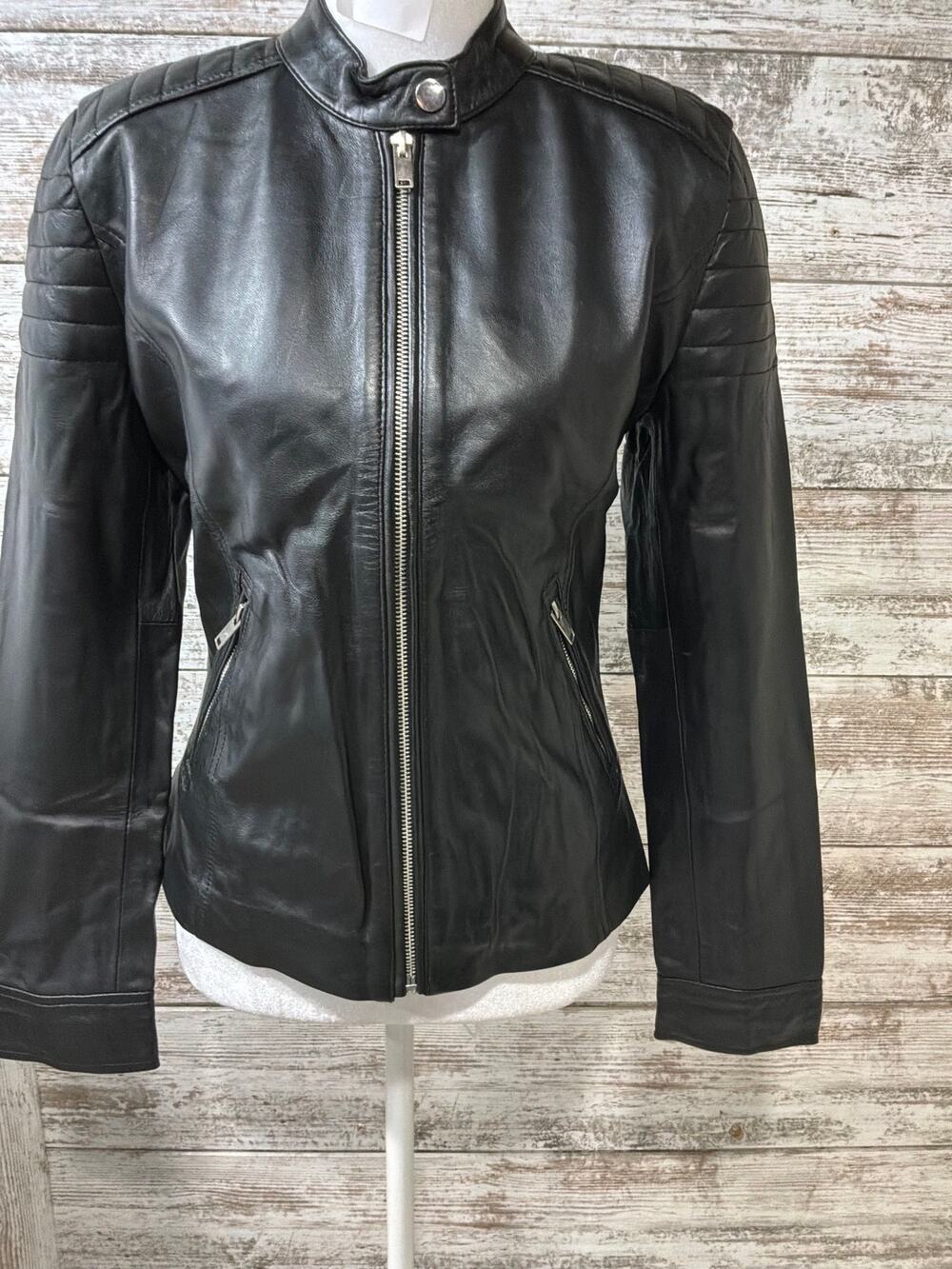 NWT Carrie Real Leather Moto Biker Jacket Black S